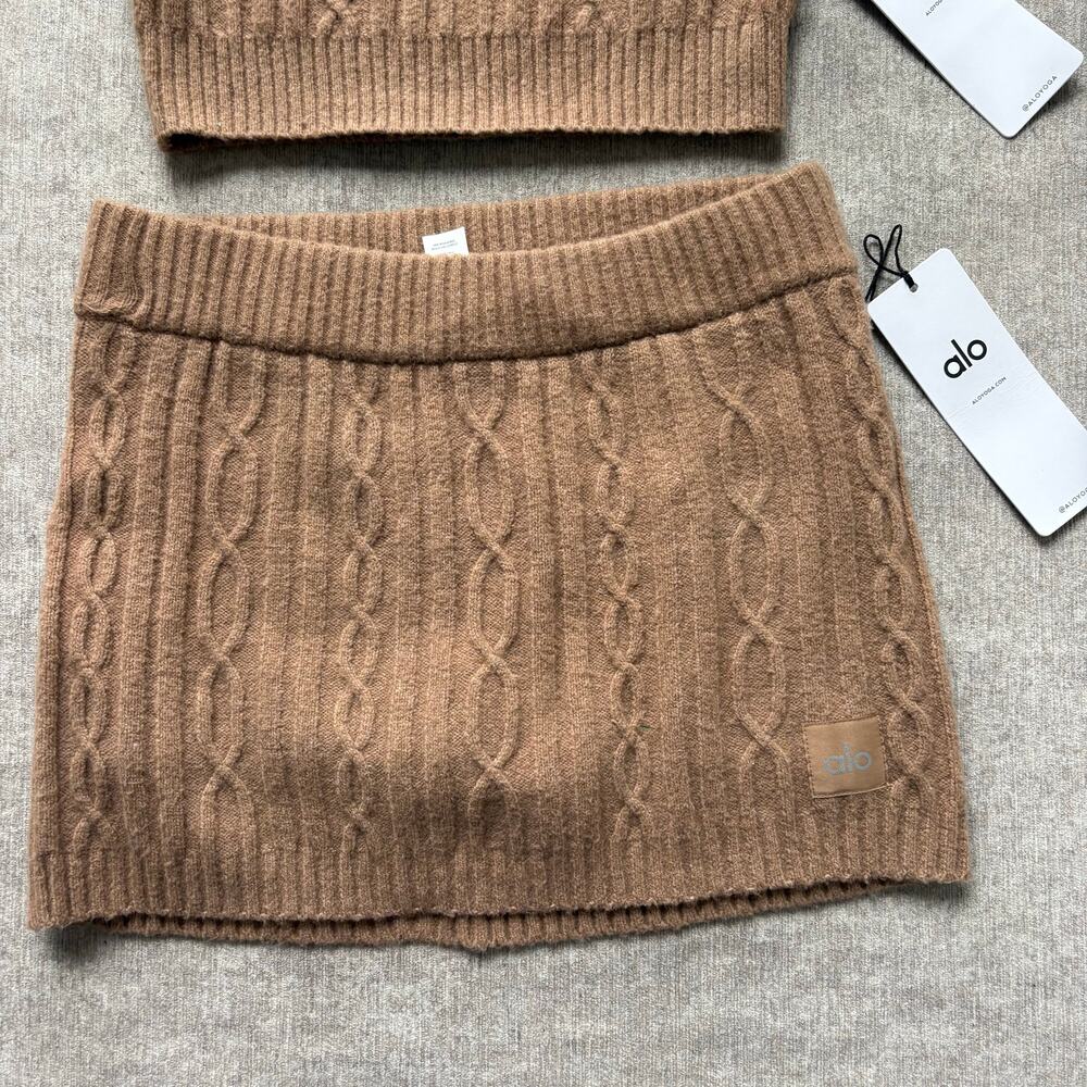 NWT Alo Yoga Winter Bliss Brown Cable Knit Crop Top and Matching Mini Skirt - Picture 2 of 5